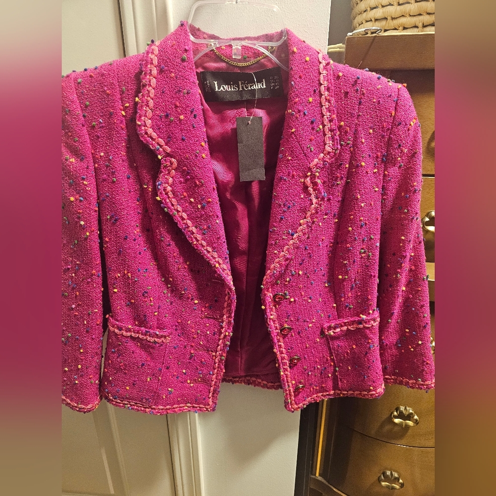 Louis Feraud Fuchsia Pink Tweed Beaded Cropped Blazer